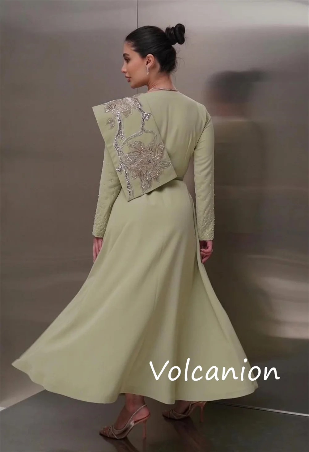 Customized Unisex Jersey Sequined Flower A-line Scoop Neck Midi Dresses Bespoke Occasion Chinese Style