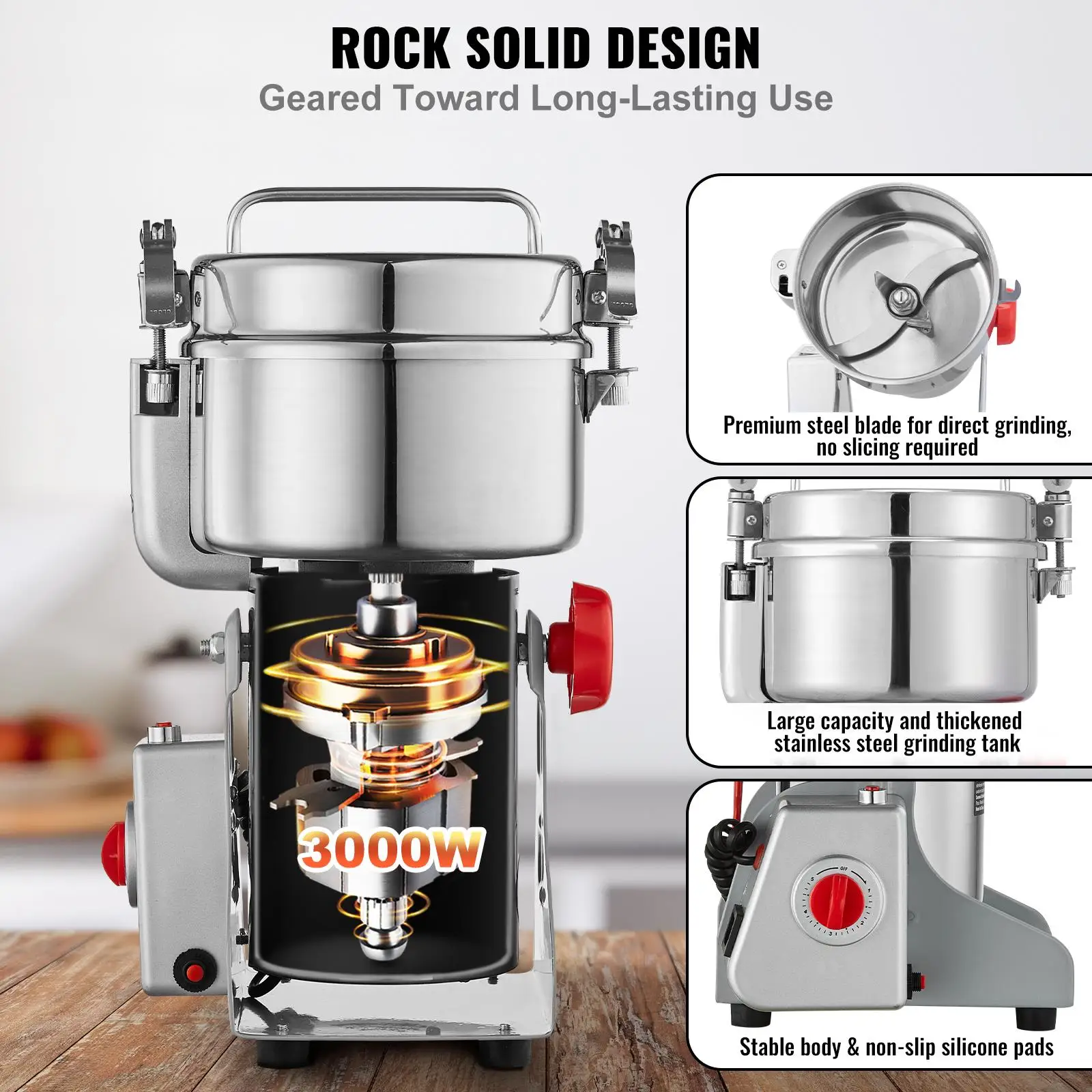 1000g 3000W High Electric Grain Mill Grinder Stainless Steel Swing Type Pulverizer for dry Grains Spices Cereals Coffee Corn Pepper