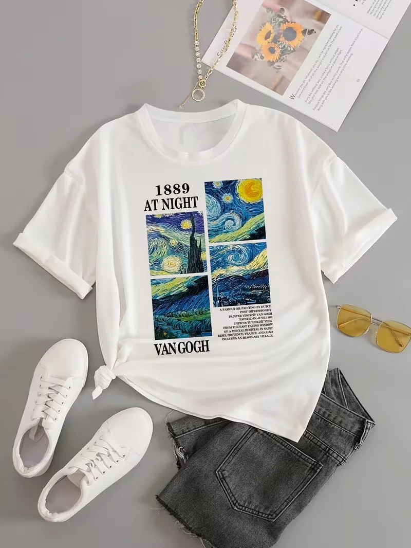 تي شيرت Van Gogh Starry Night Art Print للسيدات - تي شيرت برسومات مستوحاة من 1899، بلوزة كاجوال بأكمام قصيرة قابلة للتنفس للارتداء اليومي #4