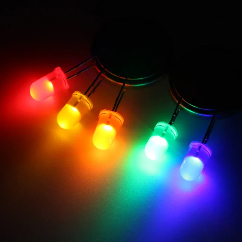 5mm LEDs with various colors, short and long pins, high brightness flash diodes