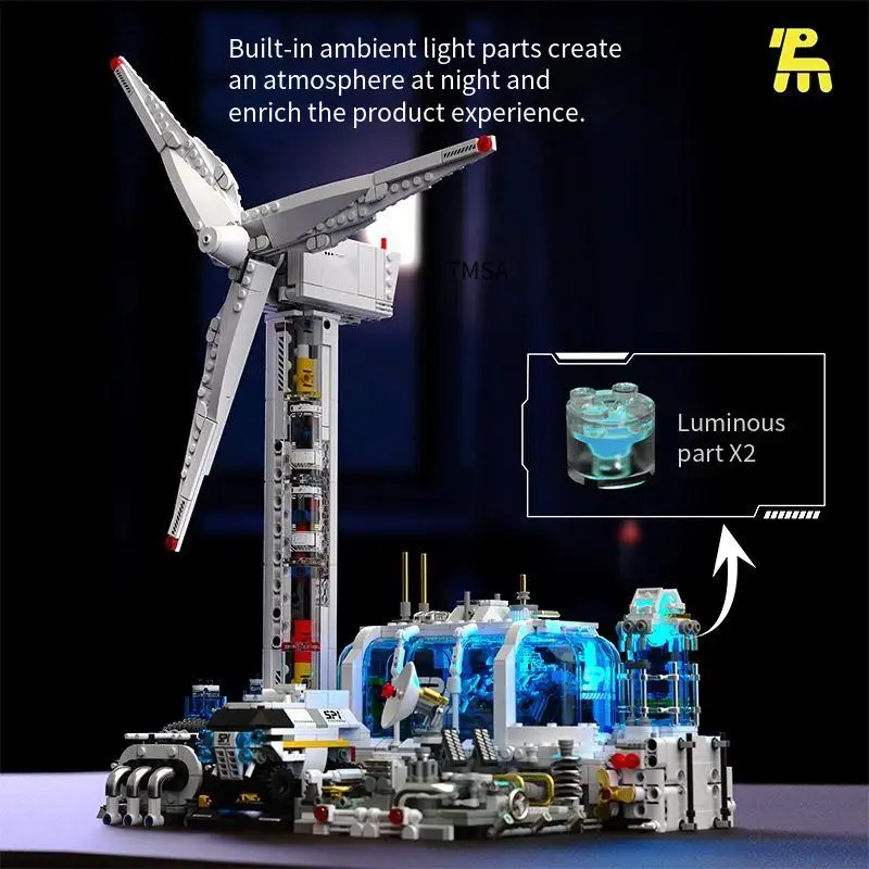 Zestaw do składania dla dzieci: model elektryczny zasilany energią wiatrową, inspirowany eksploracją kosmiczną, z klocków konstrukcyjnych.