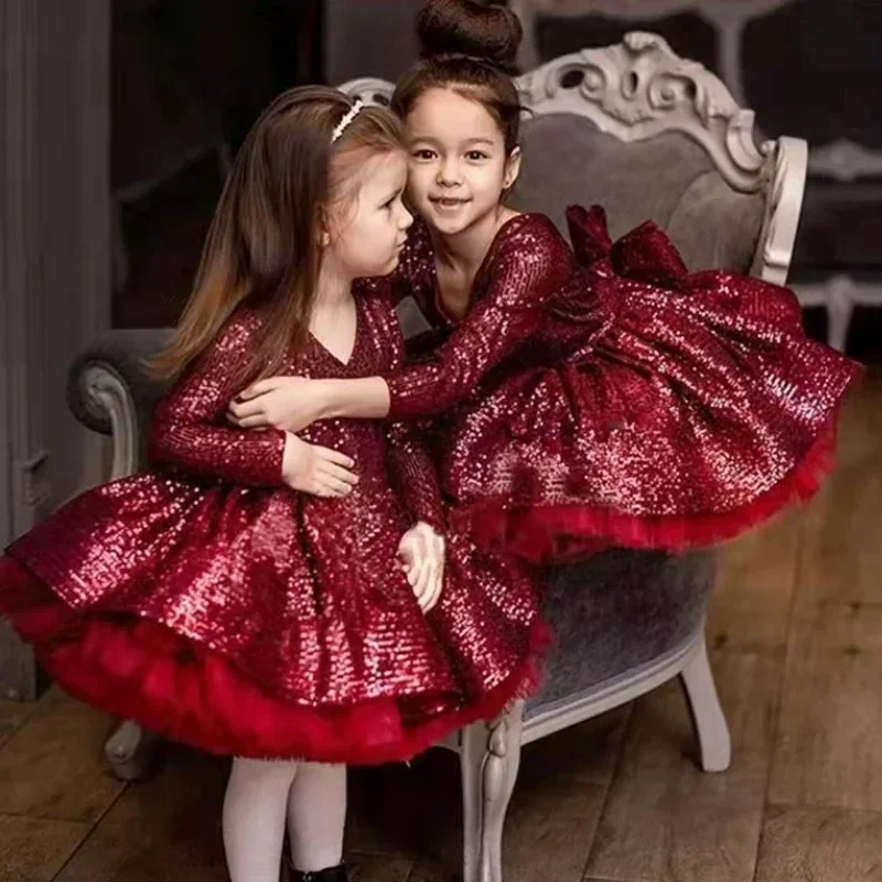 

Flower Girl Dress Burgundy Tulle Puffy Sequin With Bow Long Sleeve Wedding Birthday Party First Communion Holiday Skirt