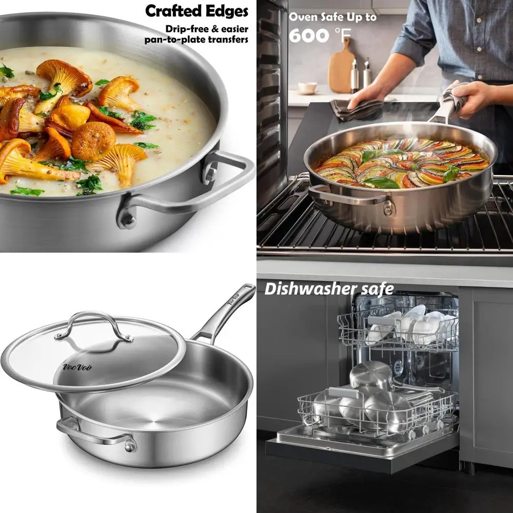

12-Inch 6-Quart Stainless Steel Sauté Pan with Lid, Dishwasher and Oven Safe, Compatible with All Cooktops