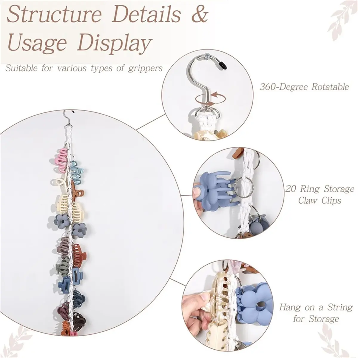 Utility Design Macrame Hair Claw Clip Organizer with Rotating Hook and 20 Metal Rings,Hanging Hair Clip Holder and Storage