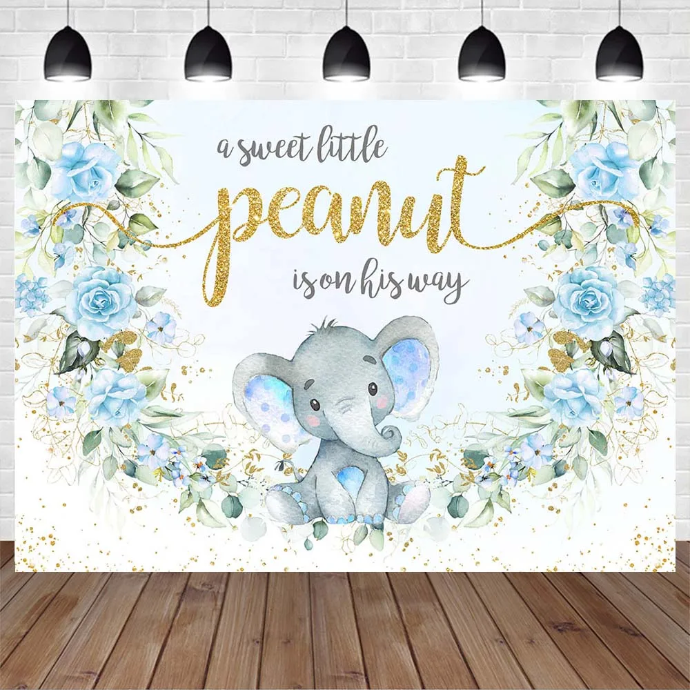 Mocsicka-新生児の出生前のパーティーの背景、青い象、甘い小さなピーナッツ、男の子の誕生日、洗礼、写真の背景、花の装飾