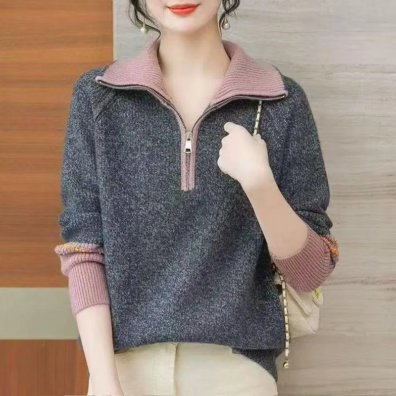

2025 New Autumn and Winter Zipper Lapel Sweater Women's Contrast Color Slim Loose Knitted Western Style Versatile Top