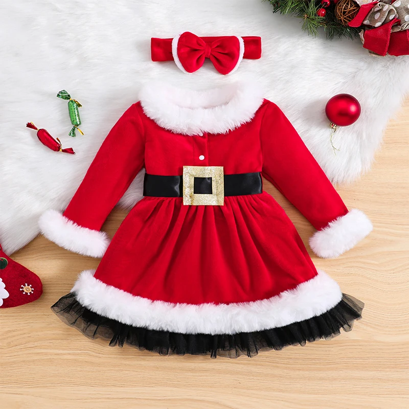 Kids Girls Christmas Dress, Winter Warm Long Sleeve Furry Patchwork Dress with Bowknot Headband for Cosplay Party