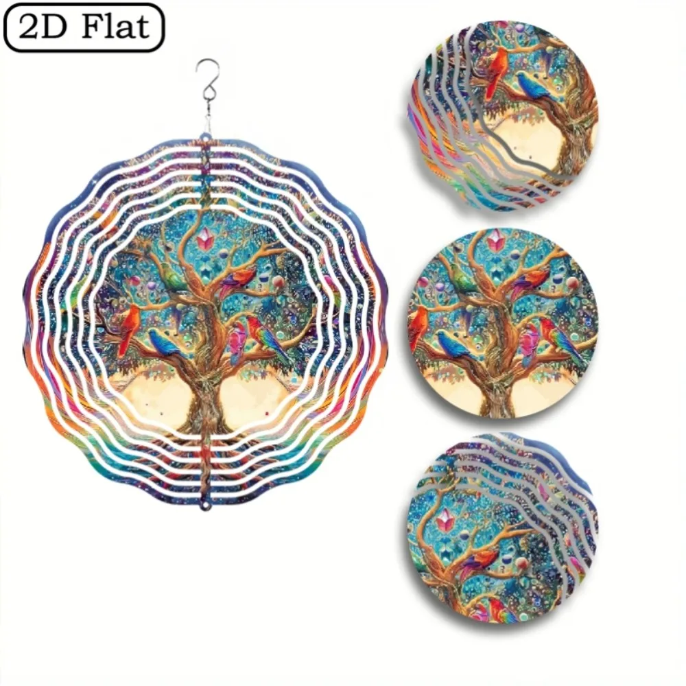 2D Flat Stained Tree of Life Wind Chime Round Metal Art with Birds Sphere Swivel Hook for Outdoor Garden Home Patio Gazebo Decor