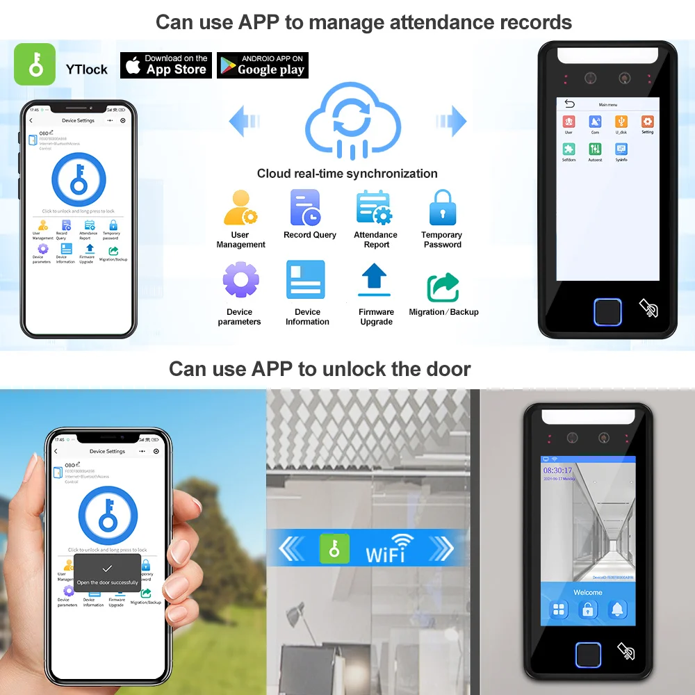 5 Inch YTLock Wifi APP Dynamic Facial Recognition RFID TCP/IP USB Fingerprint Time Attendance Machine Face Access Control System