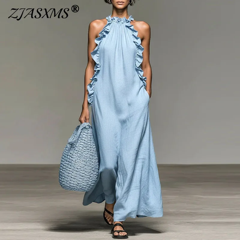 Böhmisches Retro-Kleid für Damen, Locker Geschnitten, Neues Frühlings-Modell mit Neckholder und Rüschenbesatz, Sexy Langes Kleid, Sommerliches Schulterfreies Ärmelloses Maxikleid
