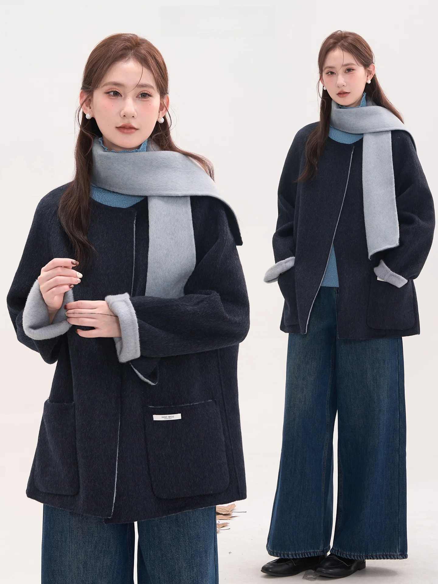 

Романтичное двустороннее шерстяное пальто-шарф средней длины, зимняя модная женская верхняя одежда