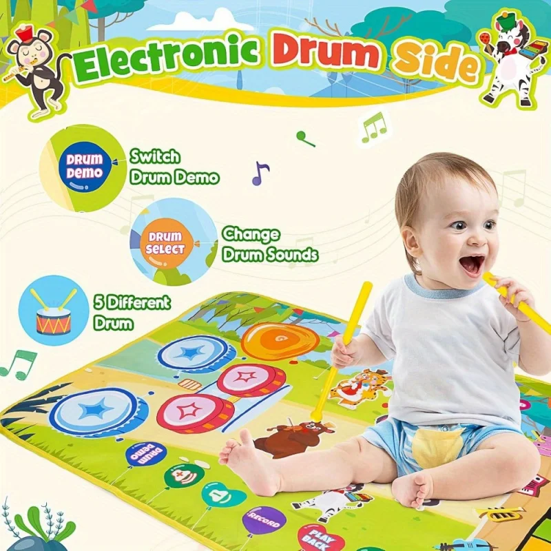 Baby Musical Play Mat,Early Educational 3 in 1 Floor Piano Drum Animal Touch Play Blanket