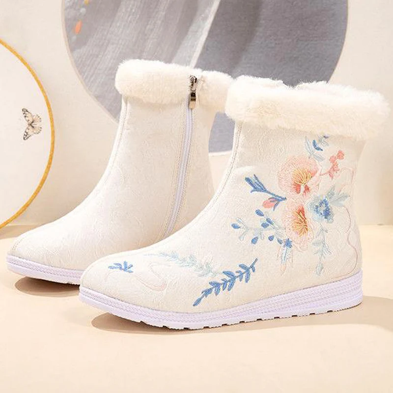 Chinese hanfu sapatos princesa feminina primavera inverno desempenho de dança algodão zíper botas de pelúcia estilo étnico veludo quente bordado