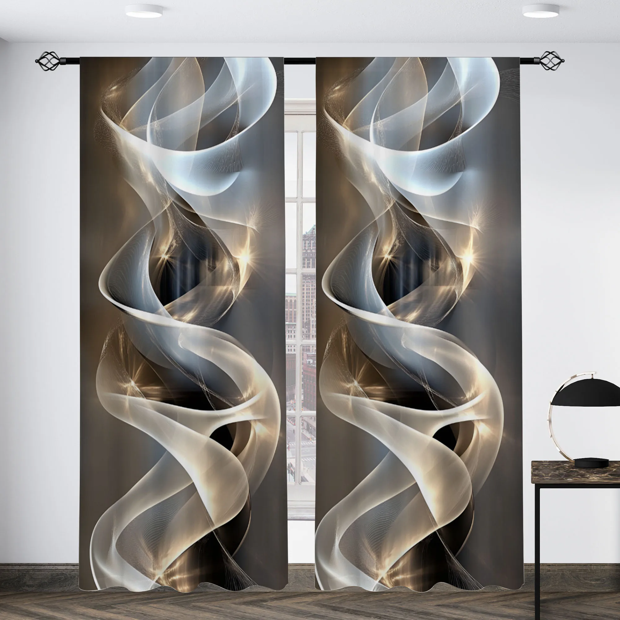 Premium Abstract Swirl Wave Curtains Dark Gray Iridescent Metallic Luxury Glowing Window Drapes for Modern Home Bedroom Living