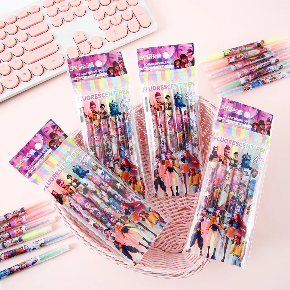 

Cartoon Double Head Fluorescent Pen 6-pack Student Color Marking Pen Oblique Head Key Marking Pen Stationery