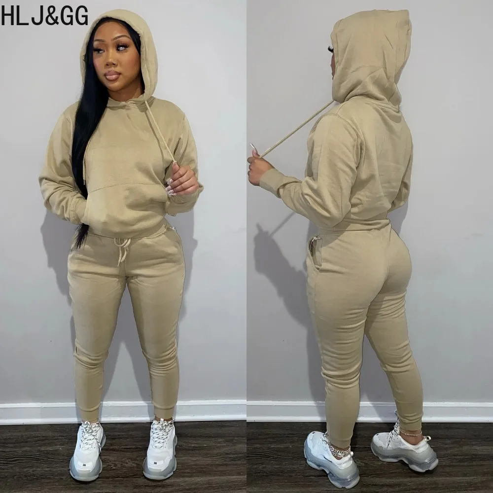 

HLJ&GG Spring New Solid Hooded Tracksuits Women Long Sleeve Pocket Sweatshirt And Jogger Pants Two Piece Sets Casual 2pcs Outfit