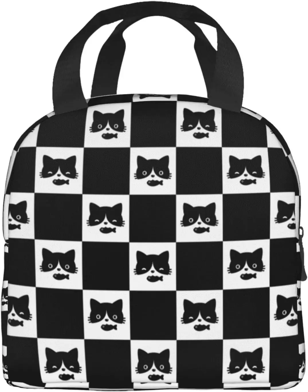 Cat Black And White Plaid Background Lunch Bag Compact Tote Bag Cat Kitten Checkered Reusable Lunch Box Container For Women Men