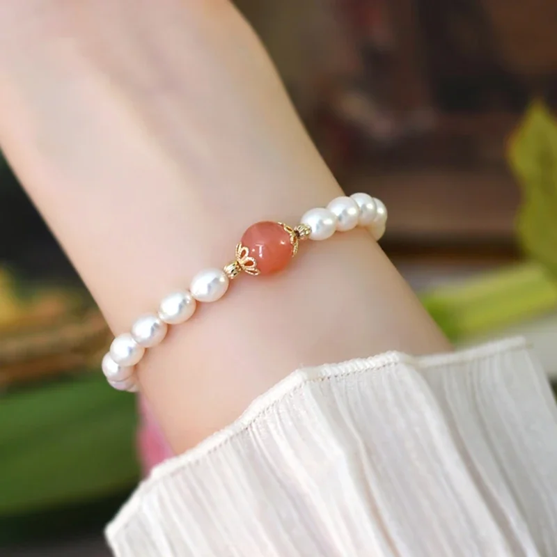 Mosan Natural Freshwater Pearl Sardonyx 14K Plated Gold Bracelet Elastic Rope for Girls Fashion bracelet Women