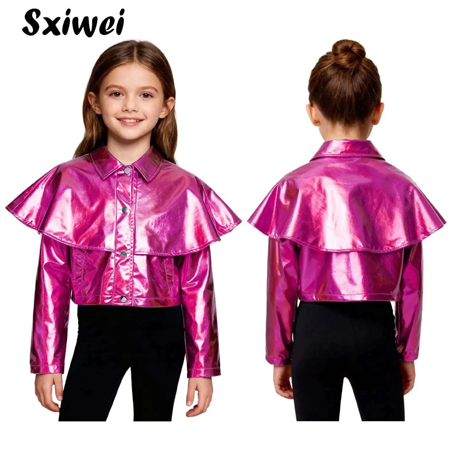 

Girls Shiny Metallic Jazz Dance Outfit Hip-hop Street Dance Costume Long Sleeve Metallic Jacket Coat Flare Bell-bottom Pants Set