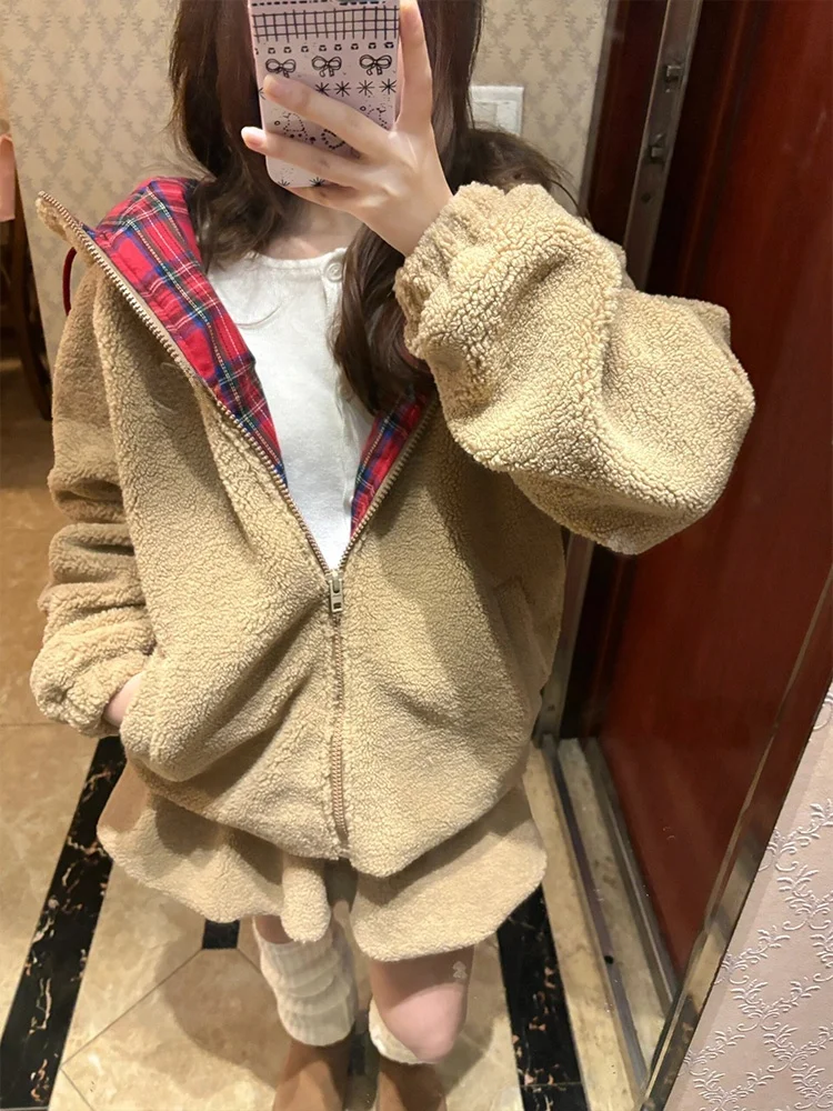 

Lamb Fur Collar Zipper Hooded Jaet Women's Thiened Autumn Winter New Sle Warm Open Cardigan Loose Lazy Sle ort Coat