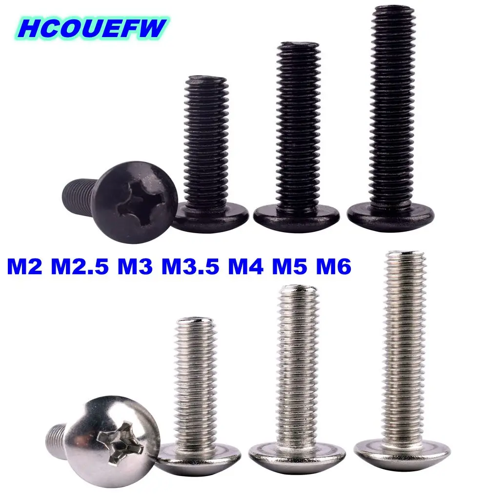 HCOUEFW 10-50Pcs M2 M2.5 M3 M3.5 M4 M5 M6 TM Screws Phillips Truss Mushroom Head Black Carbon Steel or 304 Stainless Bolt