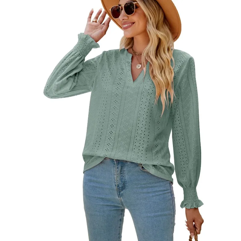 Blouse Women's Solid Colour Cut-out Detailing Ruffled Sleeves V-neck Loose Fit Long Sleeves New Comfortable Minimalist Casual