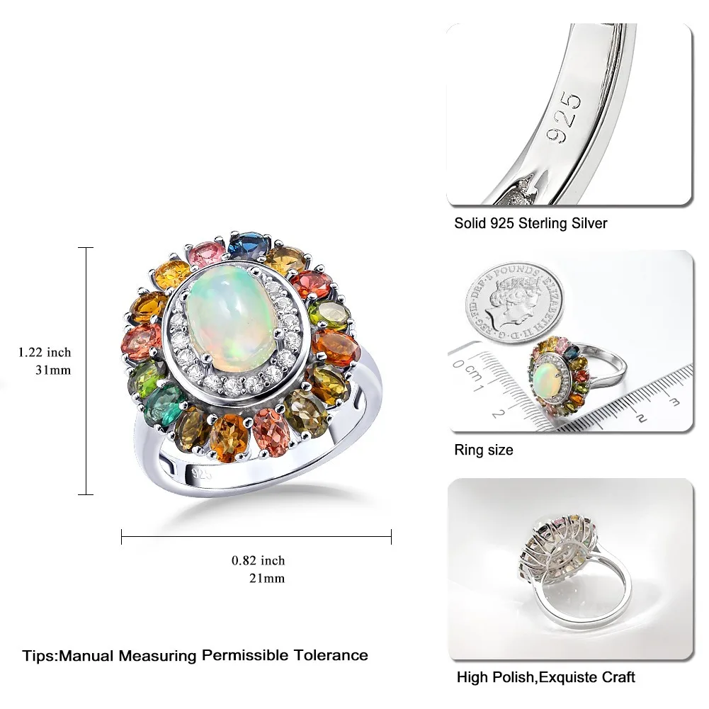 GZ ZONGFA Pure 925 Sterling Silve Big Flower Ring for Women Natural Opal Colorful Tourmaline Gems High Quality Fine Jewelry