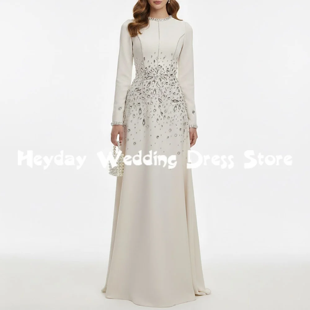 

Heyday Women's O-neck Beaded A Line Saudi Evening Dresses With Long Sleeves Floor-Length Formal Elegant Party Dresses 2025