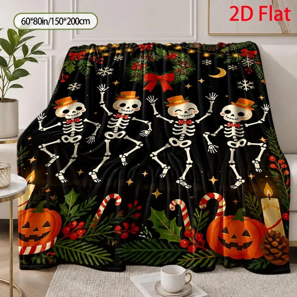 2D Flat, 280Gsm, Flannel Blanket with Dancing Skeletons In Halloween Costume Pattern, Flannel Fleece Blanket with Retro Poster Illustration Of Joyful Skull Characters, Throw Blanket with Deep Black Background And, 2D Flat