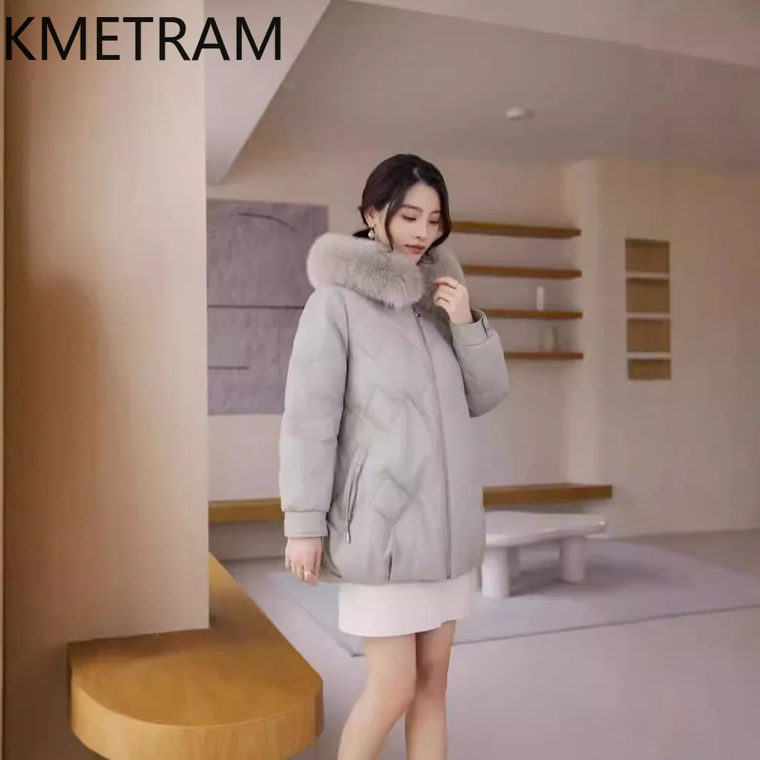 100% 양가죽 푸퍼 재킷 여성 루즈핏 정품 가죽 다운 코트 후드 여우털 칼라 2025 겨울옷 여성