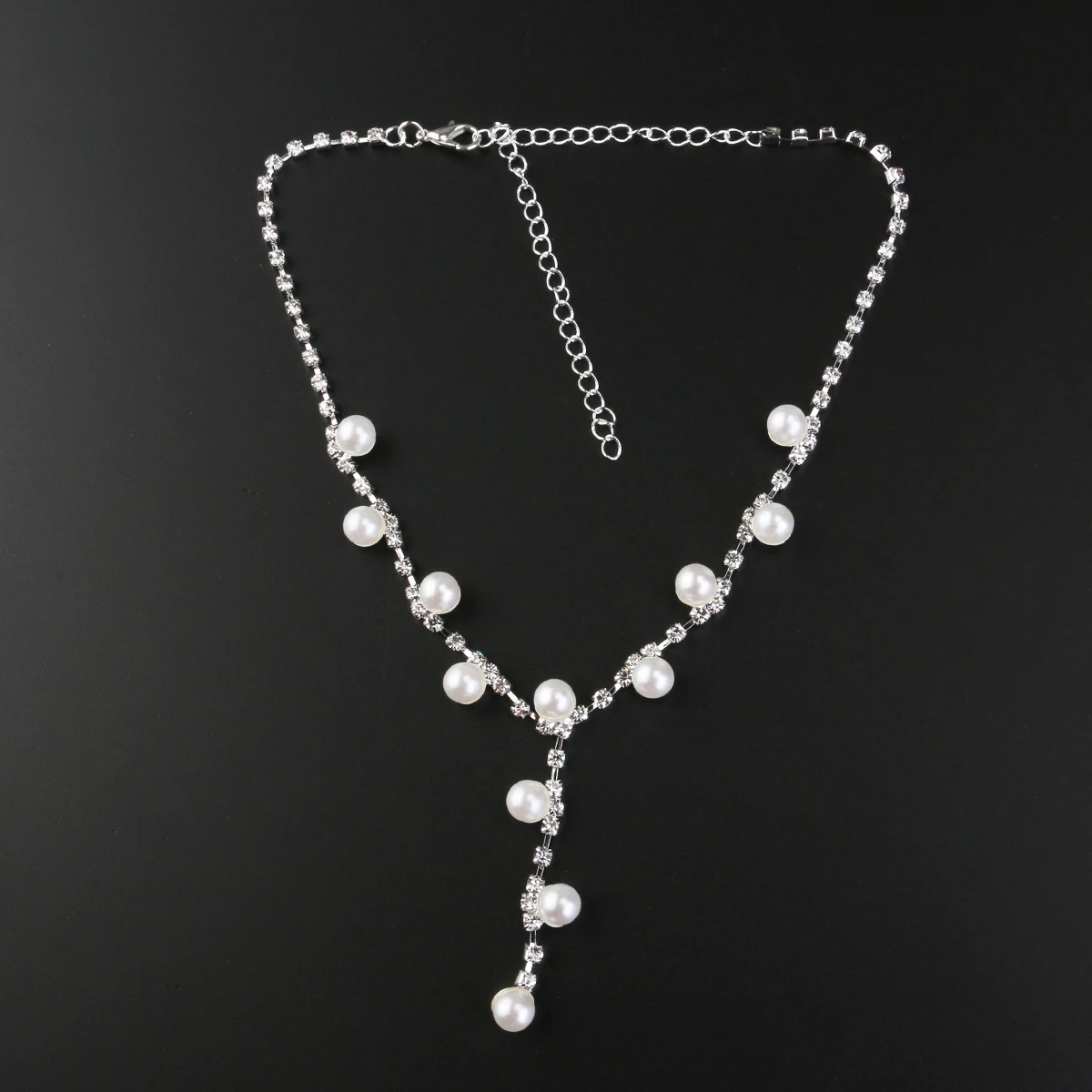 مجموعة مجوهرات الزفاف الفضية حجر الراين اللؤلؤ تيارا قلادة أقراط مثالية لحفلات الزفاف وحفلات الخطوبة #3