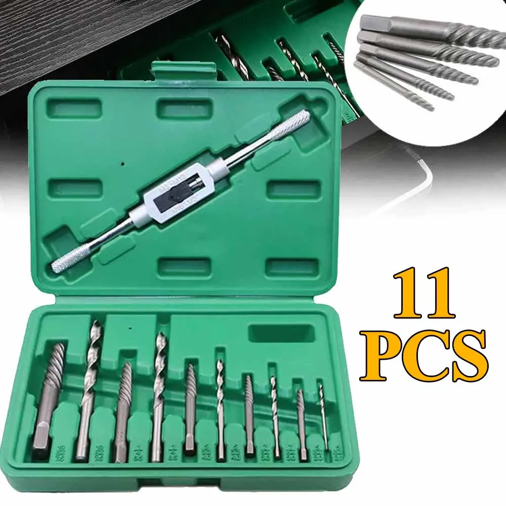 11Pcs Damaged Screw Extractor Set 3MM-10MM Drill Bits Adjustable Tap Die Stud Stripped Screw Remover Tools Broken Speed Easy Out