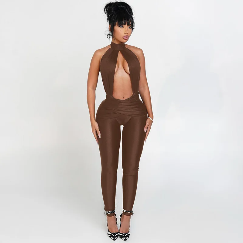 STYLISZE DAMSKIE Kombinezony z Odkrytymi Plecami 2025 Jesień Damskie Kombinezony typu Halter Bez Rękawów Obcisłe Jednolite Kolory Seksowne Kombinezony na Imprezę i do Klubu