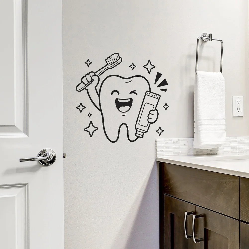 Cartoon Animal Toothbrush Wall Sticker Made of PVC Vinyl for Bathroom and Home Interior Decoration on Flat Non-Porous Surfaces