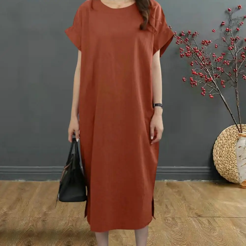 Women Long Dress Round Neck Dress Stylish Plus Size Women's Summer Midi Dress with Side Split Hem Breathable Fabric for Travel