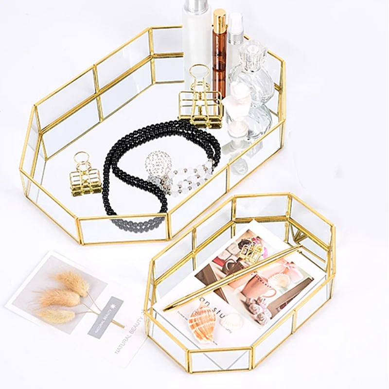 

Golden Mirror Tray Cosmetic Container Jewelry Organizer Case Bathroom Storage Lipstick Necklace Desktop pantry organizer cake