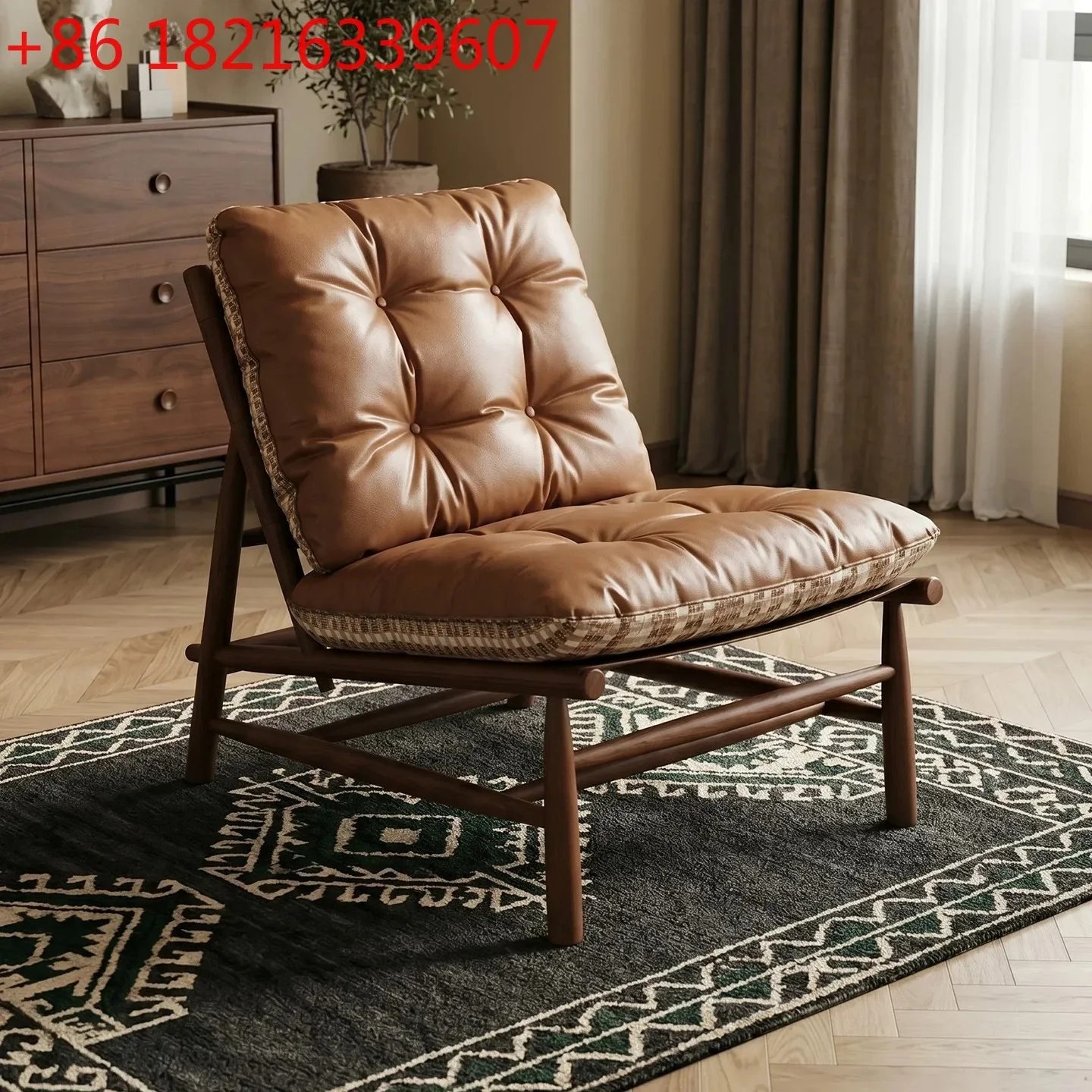 YAO vintage style minimalist plain brown striped lounge chair, designer living room balcony solid wood