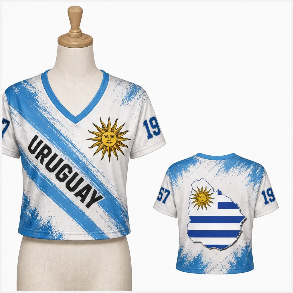 Womens Uruguay V Neck Crop Top Sun Map Brush Print Short Sleeve Summer Street Travel Casual Fashion Tee Modern Chic Outfit Style