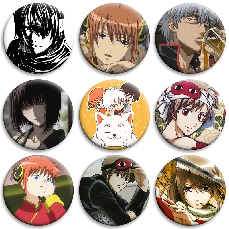 58/32mm Popular Anime Gintama Button Pin Tinplate Brooch Funny Character Cartoon Badge for Backpack Decoration Fans Collection