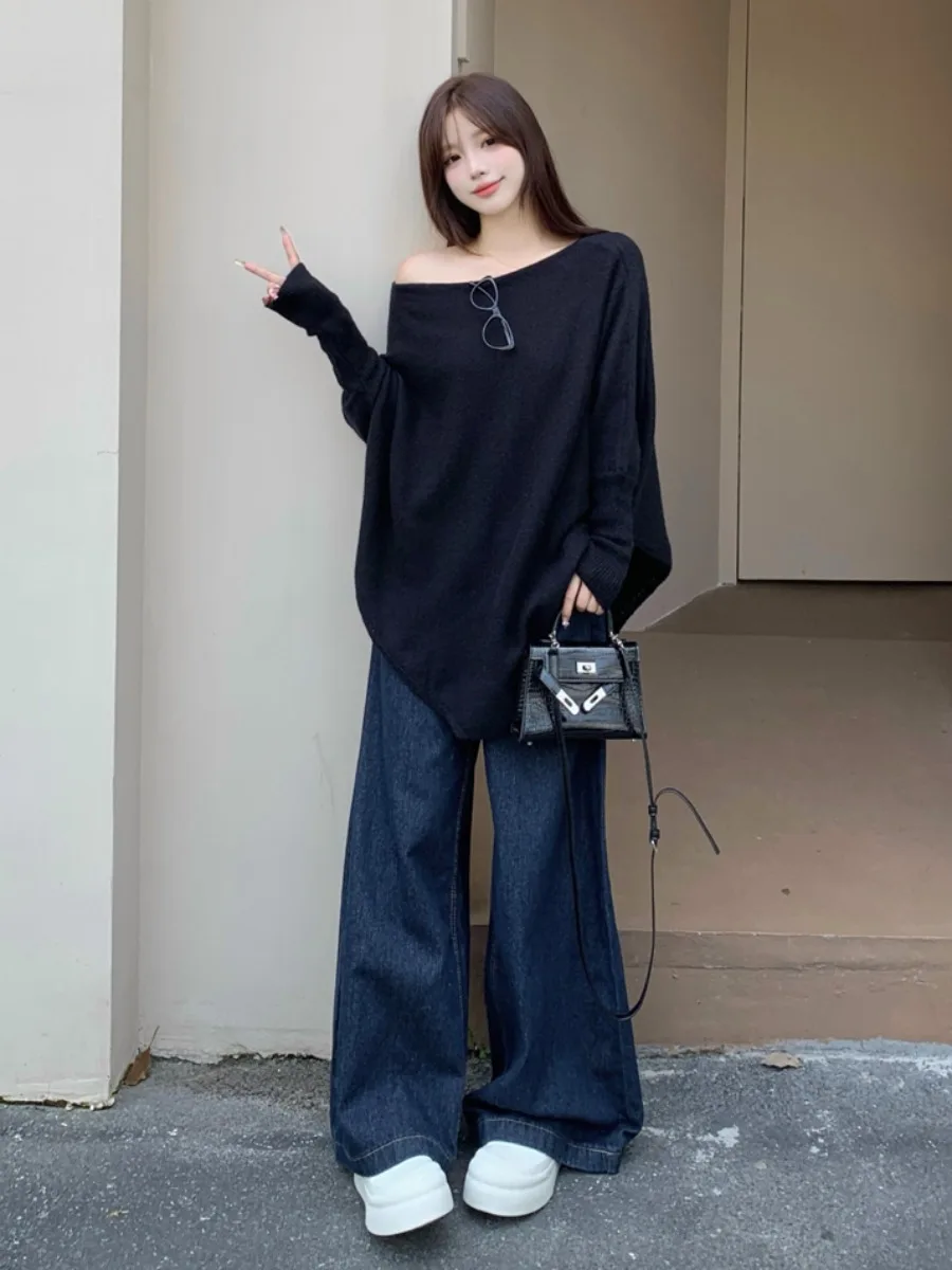 Sweter damski plus size z odkrytymi ramionami, dzianinowy, jednolity kolor, wyszczuplający, nowy model na jesień, wygodny, luźny krój, długi rękaw.