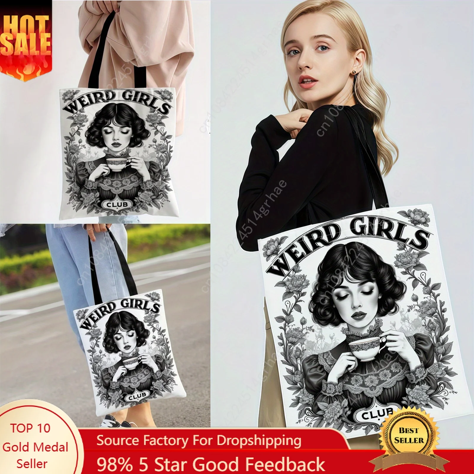 

Weird Club Tote Bag Large Capacity Reusable Shoulder Bag with Artistic Black & White Design Durable Fabric Shopping Storage Bag