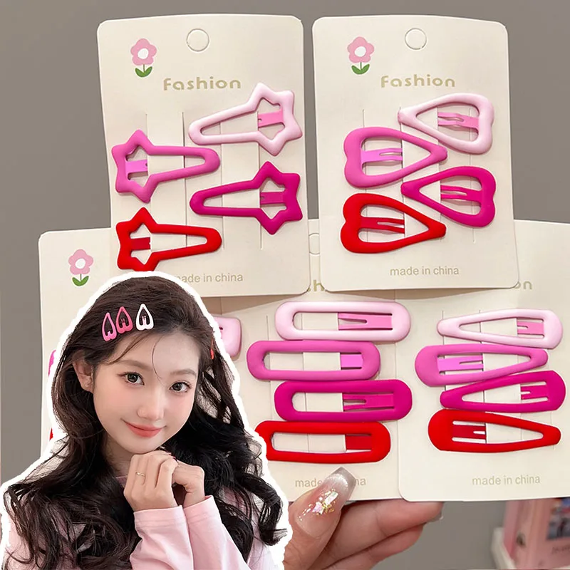 4PCS/Set Girls Pink Red Color Love Stars Square Geometric Hair Clip BB Clips Y2K Metal Bangs Side Clip Headwear Hair Accessories