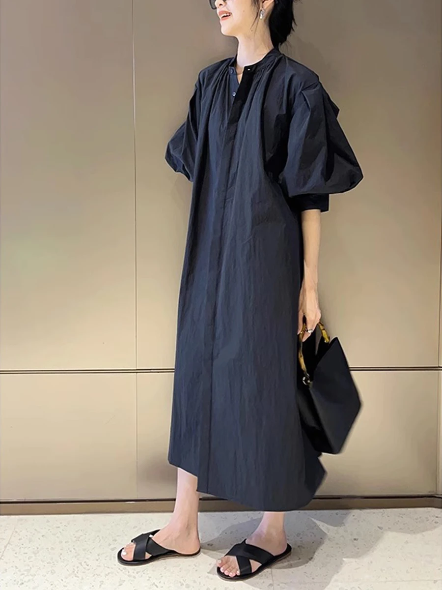 Stunning Black Shirt Dress Unique Beautiful Korean Style Long Sleeve A-Line Silhouette Drawstring Detail Polka Dot Print