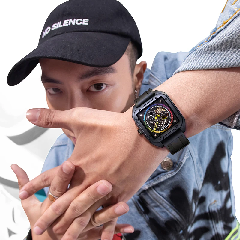 مارك Fairwhale 6370 أزياء العلامة التجارية الرجال التلقائية الميكانيكية ووتش عارضة سيليكون حزام أسود الرياضة سلسلة الساعات للرجل Reloj