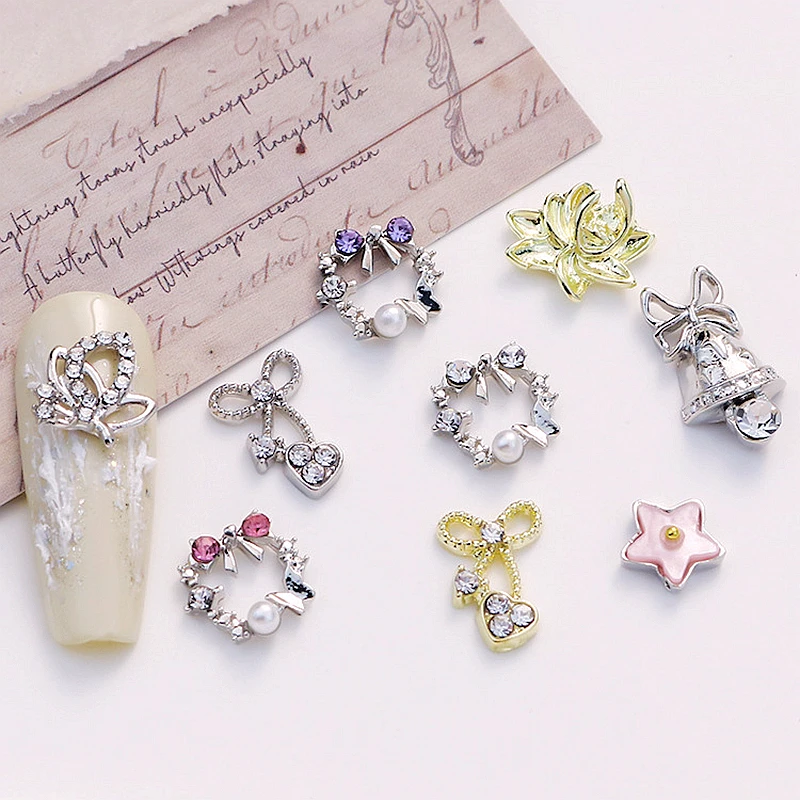 10PCS 3D Luxury Alloy Bow Garland Nail Art Charms Parts Bell Floral Hoop Accessories For Christmas Nails Decoration Supplies