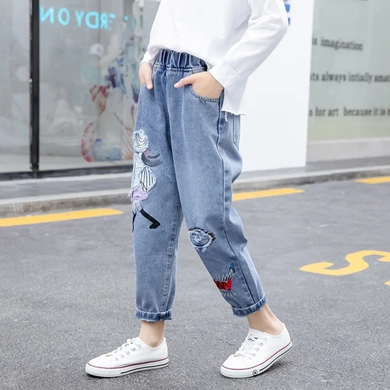 2024 Spring New Fashion Girls Cartoon figure Middle Waist Soild Color Cartoon Jeans Baby Trousers Cotton Denim Long Pants3-12Y