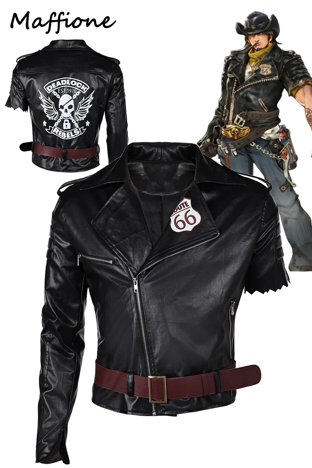 

Jesse McCree Cosplay Jacket Costume Game OW Roleplay Coat Outfit Men Black Pu Leather Jackets Belt Halloween Party Disguise Suit