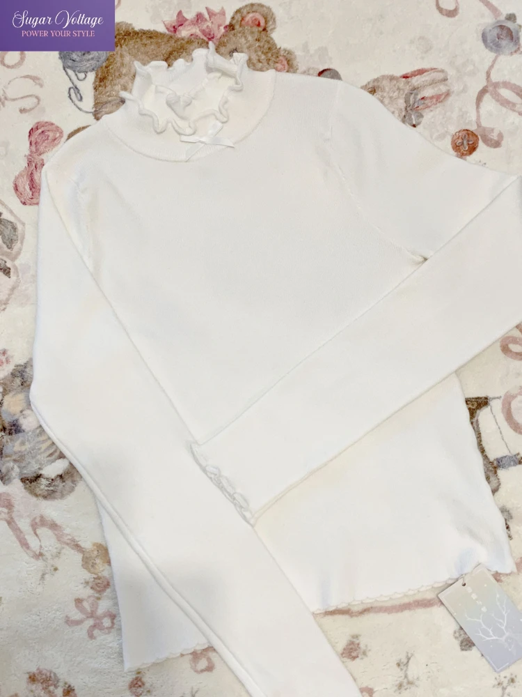 Harajuku اليابانية أنيقة ضئيلة أعلى المرأة القوس نصف الرقبة العالية قاعدة قميص الخريف الشتاء لوليتا الطبقة الداخلية الحلو الزي الموضة #1