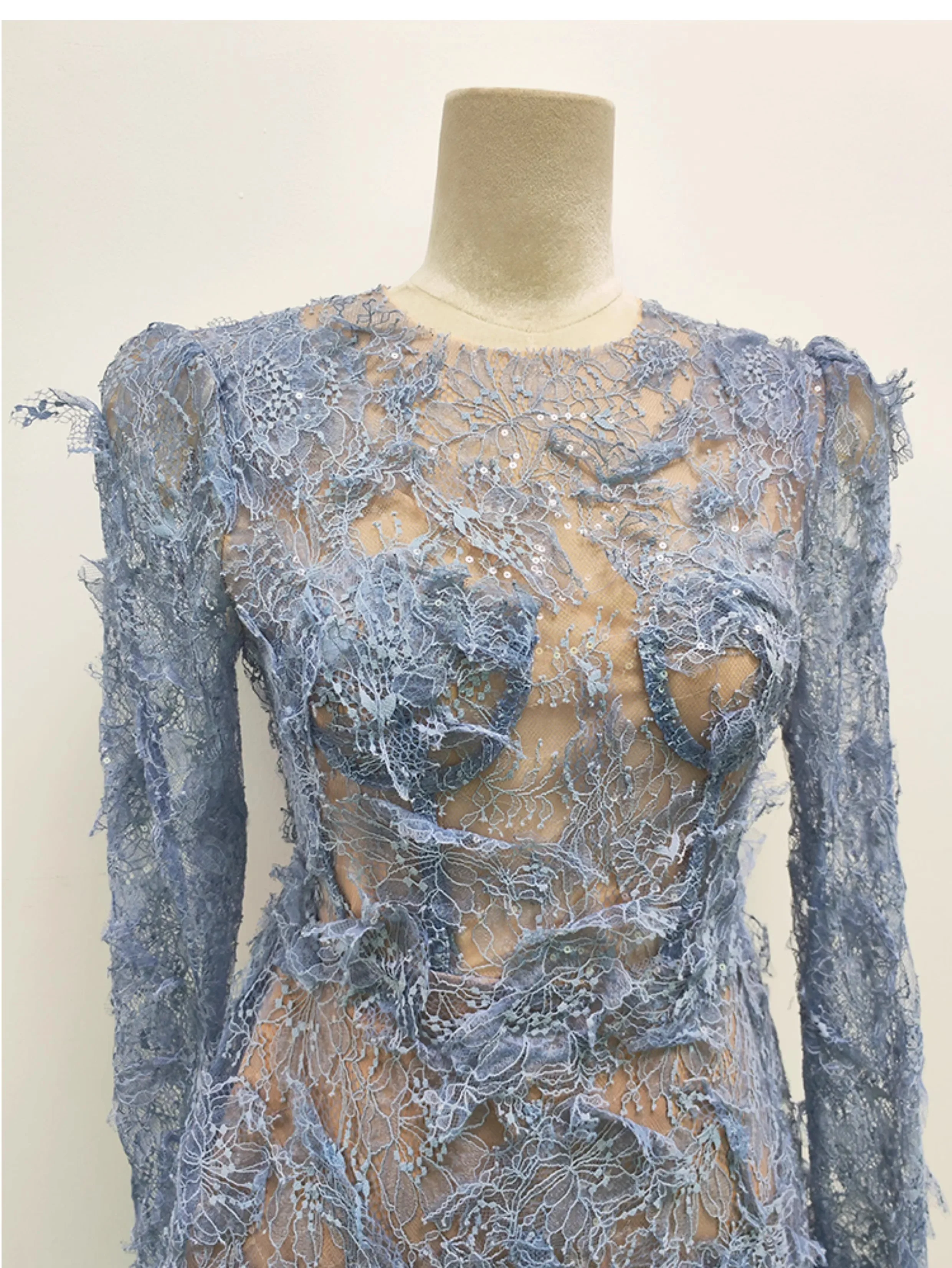 Blue Lace Elegant Dress Women Long-sleeve O-neck Evening Party Bodycon Dress Female High Waisted Runway Design Clothing