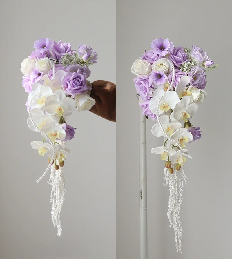 High-end purple main wedding photo water drop-shaped bouquet simulated flower bride wedding studio photo props bouquet